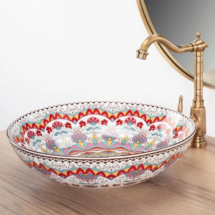 wohnwerk.idee Aufsatzwaschbecken Waschbecken Bunt Rot Blau Vintage Mexikanisch Ornamente Arte – Bild 5