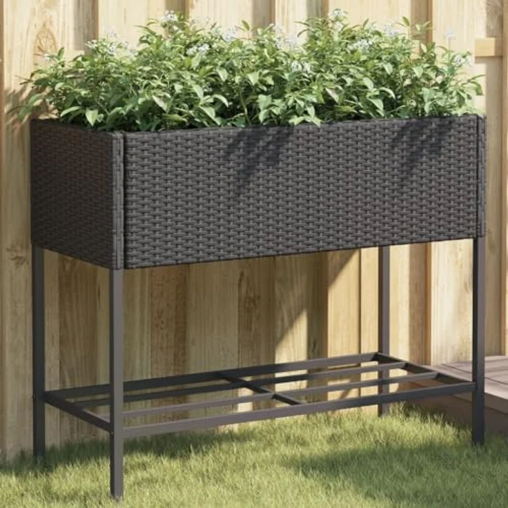 vidaXL Pflanzkübel mit Ablage Schwarz Poly Rattan, langlebiges PE-Rattan und stabiles Stahlgestell – Bild 2