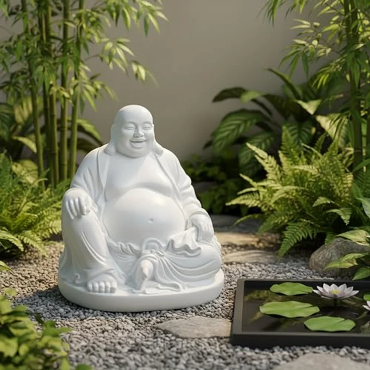 Relaxdays Buddha Figur lachend, 45 cm, wetterfest und frostsicher, Vintage Dekofigur in Weiß für Garten und Wohnzimmer – Bild 2