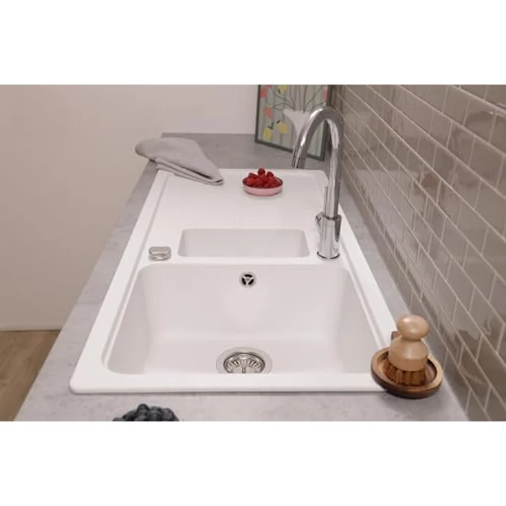 respekta Austin Massivgranit Spüle 100 x 50 cm, hitzebeständig, 1,5 Becken, weiße Oberfläche, für Unterschränke ab 60 cm – Bild 3