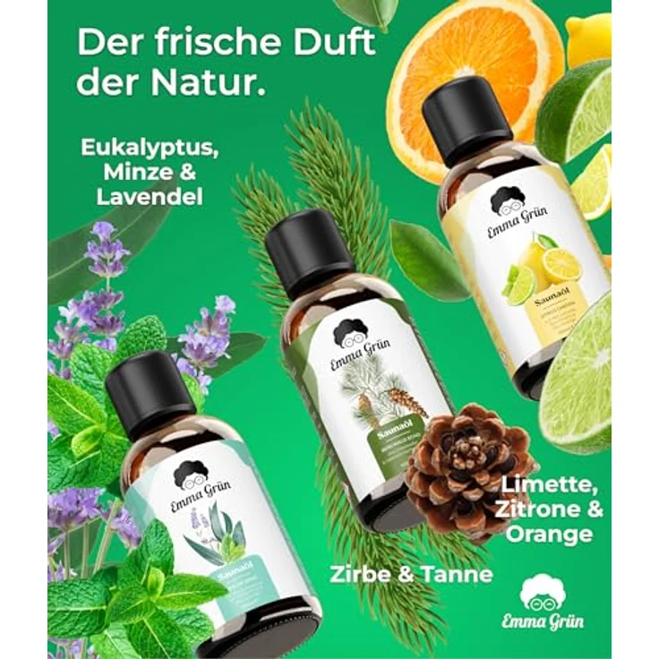 Emma Grün® Bio Saunaaufguss Set 3x 100ml - Ätherische Öle mit Bio Zitrusölen, Eukalyptus & Zirbenöl, Hochdosiert für 10-20 Saunagänge – Bild 4