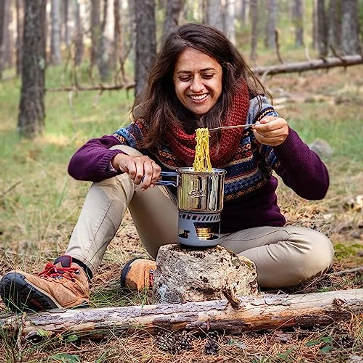 Esbit Campingkocher, kompakter Spiritus-Gaskocher mit 2 Edelstahltöpfen (985 ml und 470 ml), praktischem Netzbeutel und klappbarem Flammenregulierer, Aluminium Stand mit Brenner – Bild 7