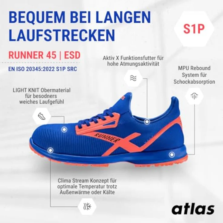 Atlas Sicherheitshalbschuh Runner 45 S1P ESD SRC DGUV, Größe 38, neonblau, textil, durchtrittsicher, rutschhemmend – Bild 2