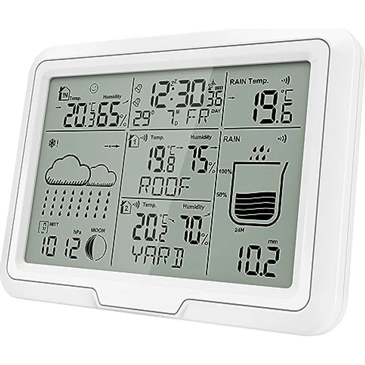 Miraval Design Funk-Wetterstation mit 2 benennbaren Sensoren, Regenmesser, Mondphasenanzeige, Luftfeuchtigkeit und Temperaturanzeige, Alarm, Weiß – Bild 2