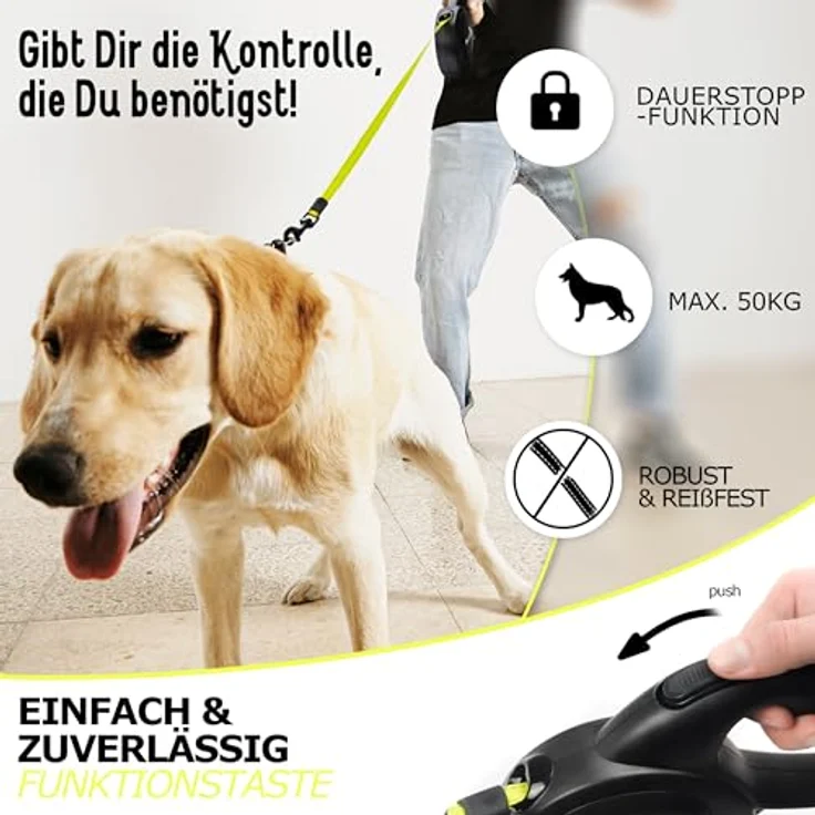 BLUZELLE 8m Lange Hundeleine für Hunde bis 50kg, Flexible Rollleine Neon-Gelb Leuchtender Reflektor-Gurt mit 360° Karabinerhaken Metall, Ergonomischer Griff Schwarz Gummiert & Einzugs-Bremse – Bild 4