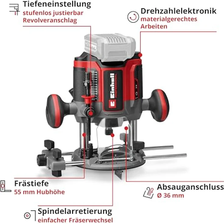 Einhell Professional Akku-Oberfräse TP-RO 18/55 Li BL, Brushless mit 55 mm Hubhöhe, inkl. Parallelanschlag, Solo Power X-Change, ohne Akku & Ladegerät – Bild 3