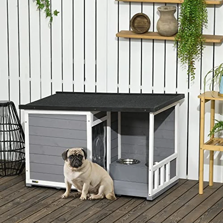 PawHut Hundehütte aus Holz, Hundehaus mit 2 Schüsseln, Terrasse, Outdoor Hundehaus Kleintierhaus für kleine Hunde mit Asphaltdach, für Draußen, Wetterbeständig, Grau, 103 x 62 x 60-66 cm – Bild 2