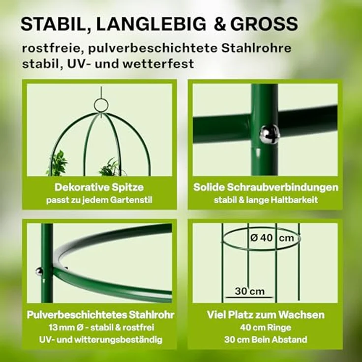 TTL Garden Obelisk Rankhilfe, 2er Set, grün, 165 cm hoch, pulverbeschichteter Stahl, stabil für Kletterpflanzen, ideale Rosensäule und Stütze für Tomaten und Gurken – Bild 3