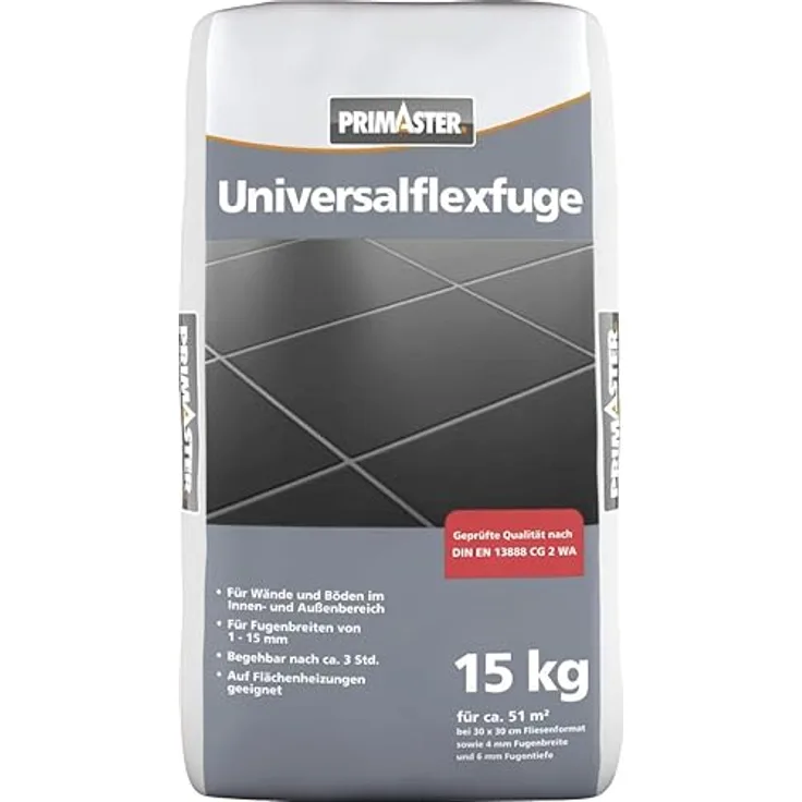 Primaster Fugenmörtel Universalflexfuge, 1 - 15 mm zementgrau, wasser- und schmutzabweisend, 15 kg