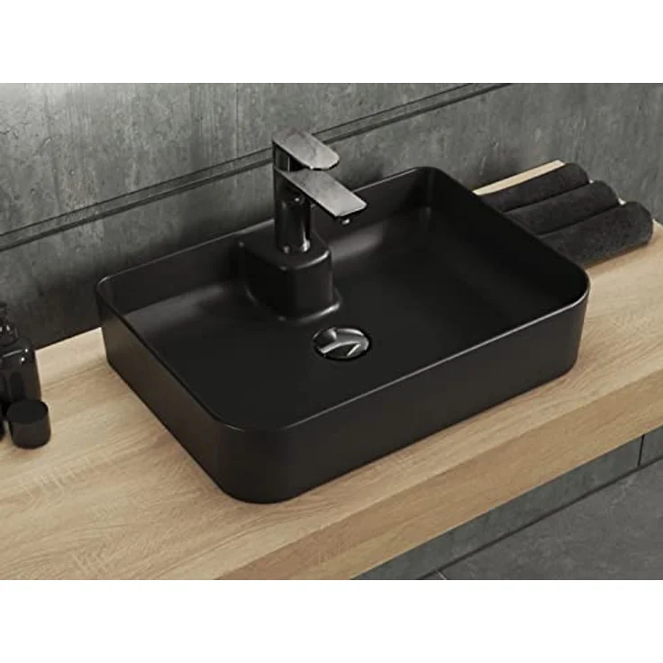 Aqua Bagno Eckiges Aufsatzwaschbecken schwarz matt, Keramikwaschbecken, Waschschale, Handwaschbecken | 50 cm breit – Bild 1