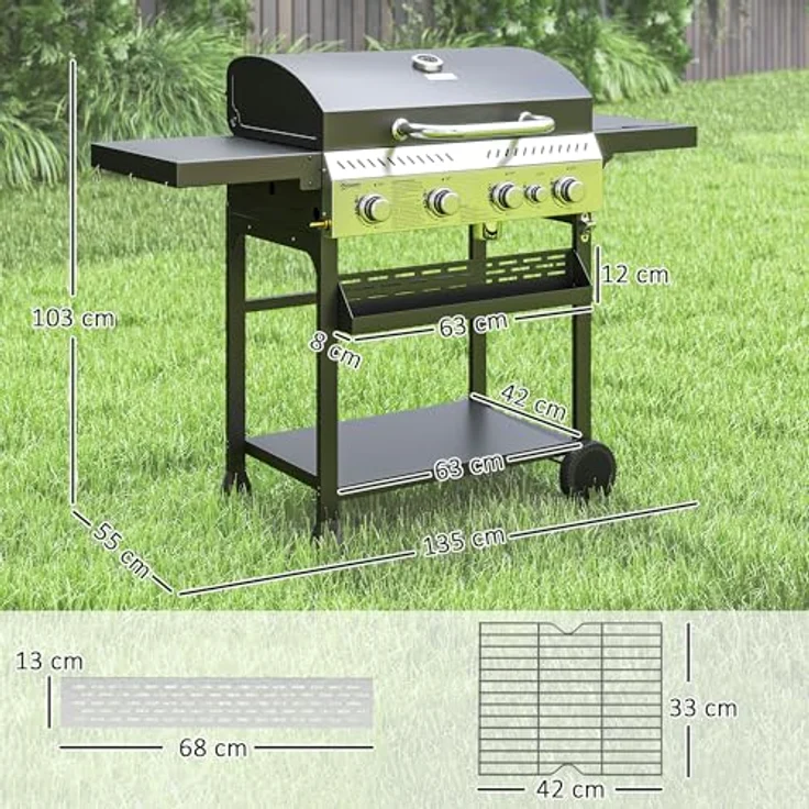 Outsunny Gasgrill 12 KW 4+1 Brenner BBQ Grillwagen Edelstahl, mit Seitenbrenner, Thermometer, Grillrost und Ablagen, für Balkon und Camping, 135 x 55 x 103 cm – Bild 5