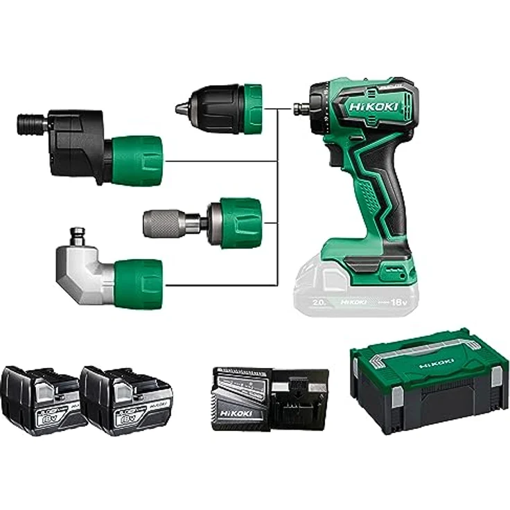 HiKOKI 18V Akku-Bohrmaschine mit 2 Akkus, Bitadapter und Winkeladapter, grün – Bild 2