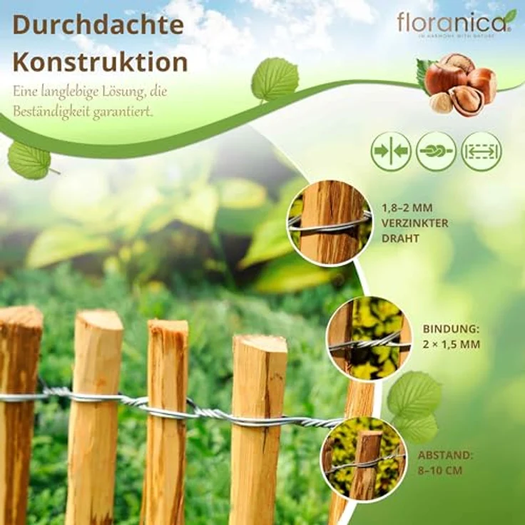 Pemicont Floranica Haselnuss Staketenzaun 35 cm hoch, biologisch abbaubarer Gartenzaun mit 8-10 cm Lattenabstand, handgefertigter Holz Jägerzaun für Teiche und Beete – Bild 3