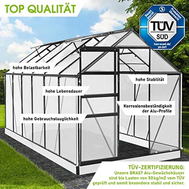 BRAST Gewächshaus Aluminium mit Fundament, TÜV geprüft, 6mm Hohlkammerplatten, rostfrei, grau, 380x190x195cm – Bild 3