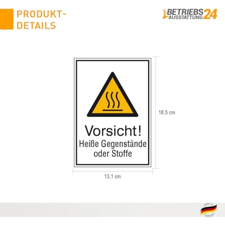 Betriebsausstattung24 Warn-Kombischild "Vorsicht! Heiße Gegenstände oder Stoffe", geprägtes Aluminium, 13,1 x 18,5 cm, UV- & witterungsbeständig, für Innen- und Außenbereich – Bild 2