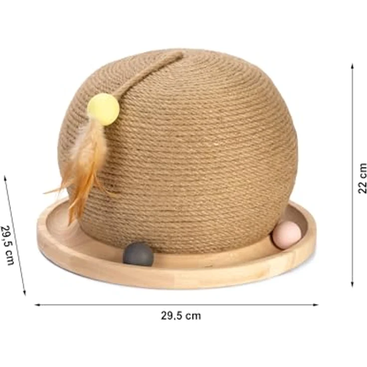 Designed By Lotte Kratzbrett Holz Kratz- und Spielball Mila braun, interaktives Spielzeug für Katzen mit Jute-Seil und Feder – Bild 2
