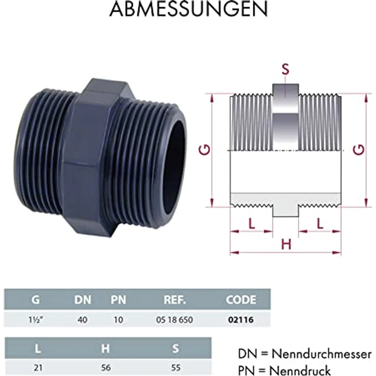 POWERHAUS24 5er PVC Doppelnippel 1 1/2 Zoll AG, grau, PN10 ohne Weichmacherzusatz – Bild 3