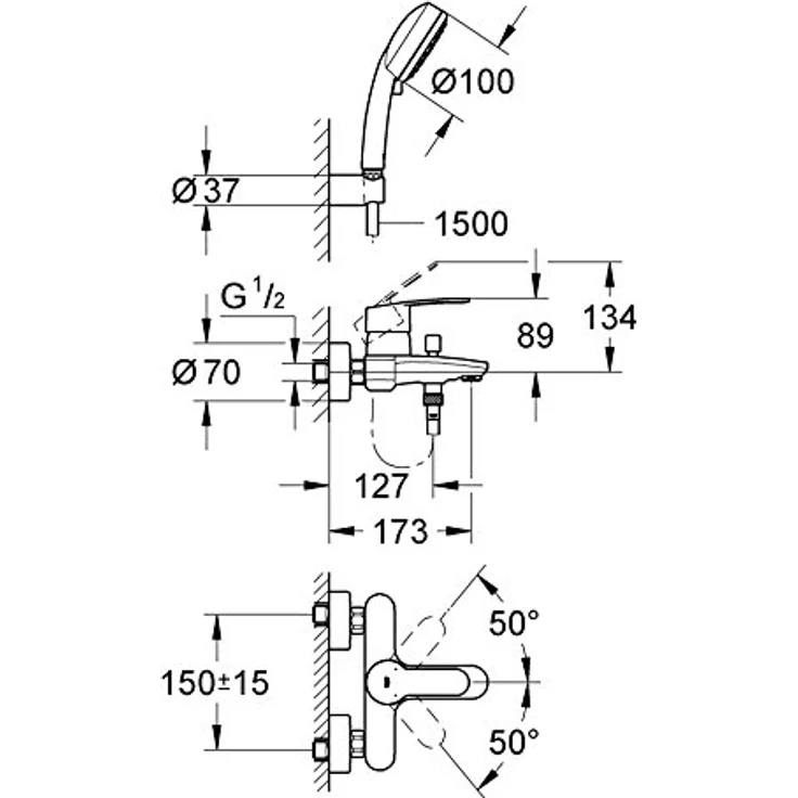 GROHE Eurostyle Cosmopolitan Einhand-Wannenbatterie mit Brausegarnitur, Wandmontage, automatischer Umstellung Wanne/Brause, chrom, 3359220A – Bild 2