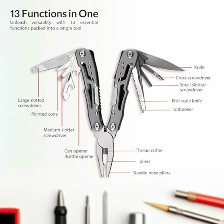 LEVADA PLUS Multitool 14-in-1, kompaktes Edelstahl-Multifunktionswerkzeug mit Zange, Messer, Schraubendreher, Flaschenöffner und Nylonetui für Camping und Outdoor-Aktivitäten – Bild 4