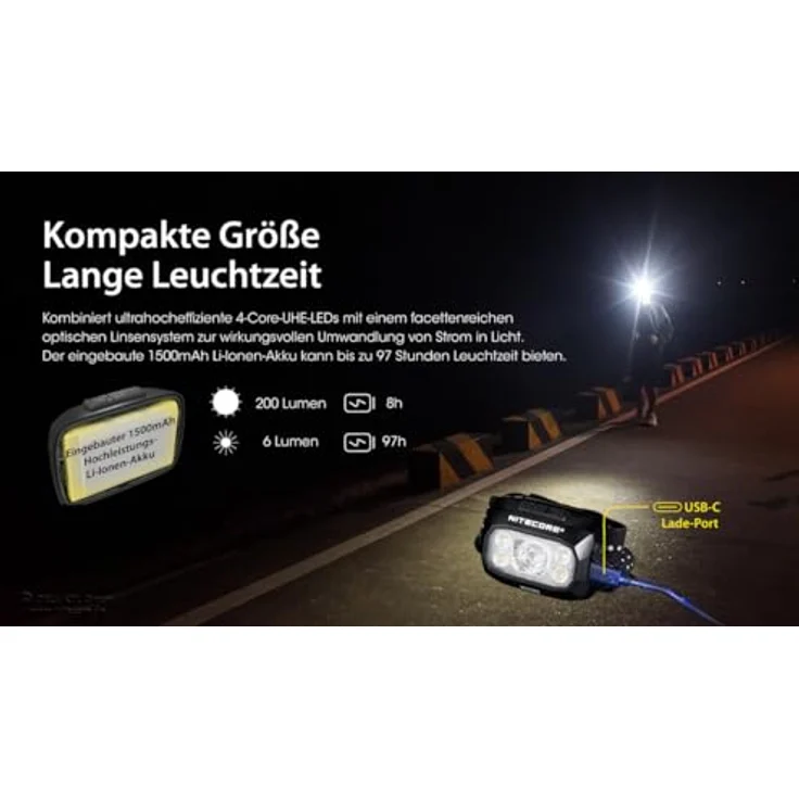Nitecore Stirnlampe NU30, 500 Lumen LED Kopfleuchte, USB wiederaufladbar, wasserfest, Rotlicht-Modus, Outdoor-Kopflampe für Nachtwanderungen, Camping, Radfahren – Bild 4