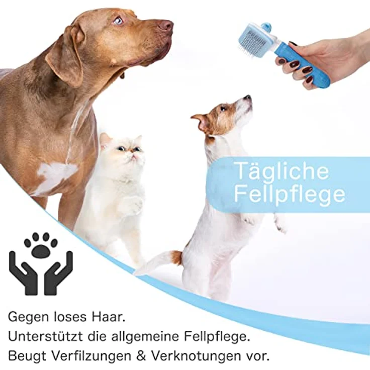 BLUZELLE Tierpflege Bürste, Haustierbürste für Kurzhaar & Langhaar, Selbstreinigende Fellbürste, Tierhaarbürste, sanfte Katzenbürste, Hundebürste, Fellpflege für Hunde, Katzen & Co, Farbe:Blau – Bild 3