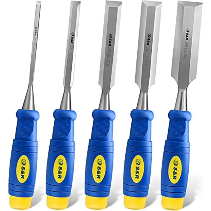 S&R Stechbeitel Set 5 Stück: 6, 12, 20, 25, 32 mm, rutschfeste ergonomische Griffe, hohe Belastbarkeit, Stemmeisen im blau-gelben Koffer – Bild 4