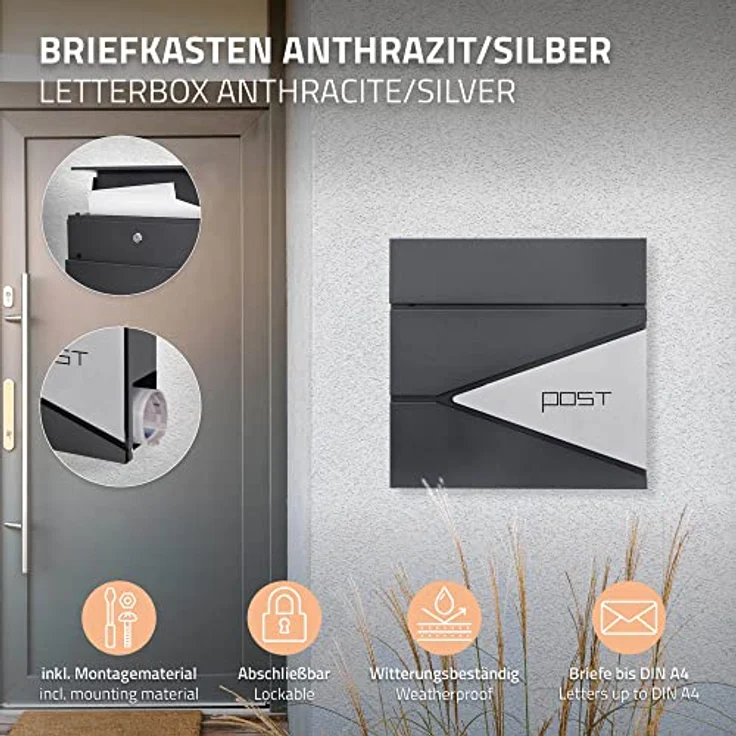 ML-Design Briefkasten Anthrazit/Silber, Edelstahl pulverbeschichtet, 37x37 cm, Postkasten mit Zeitungsfach, Abschließbar 2 Schlüssel, Design Wandbriefkasten mit Zeitungsrolle, Mailbox für Wandmontage – Bild 2