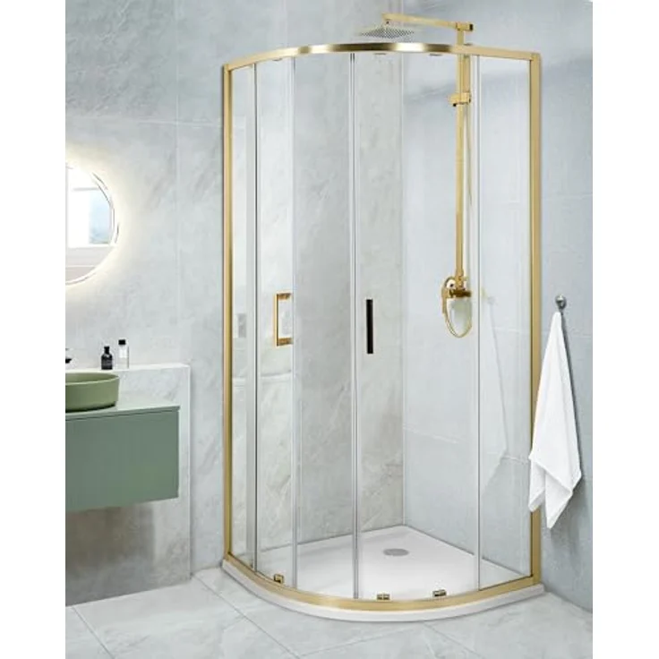Beliani Duschkabine Gold, Halbrund 90x90 cm, 185 cm hoch, mit Sicherheitsglas, Aluminiumprofil und 2 Schiebetüren, Magnetschloss – Bild 2