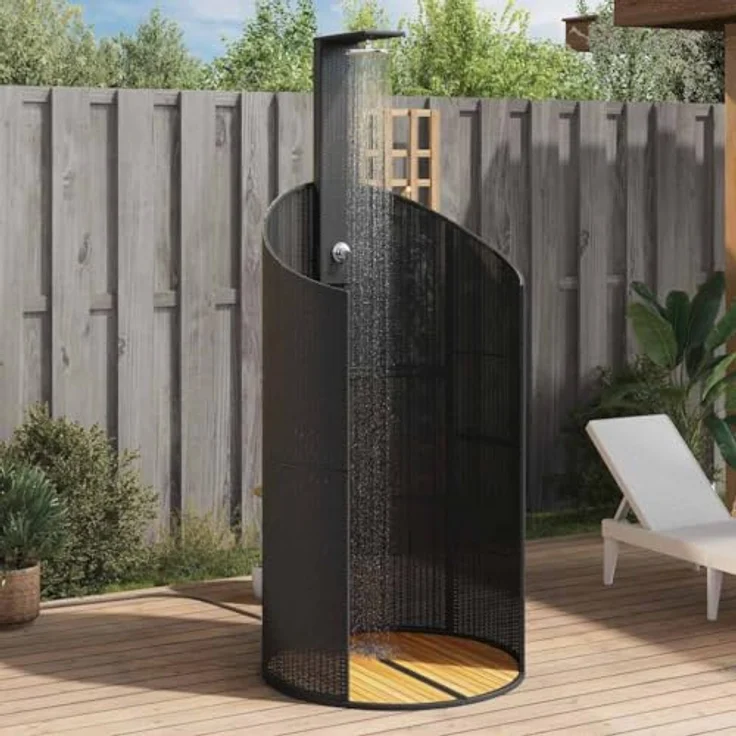 vidaXL Gartendusche aus Poly Rattan, Schwarz, mit Holzboden und drehbarer Brause – Bild 3