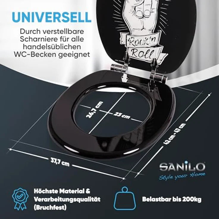 Sanilo WC Sitz Rock n Roll, Toilettendeckel aus Holz mit Absenkautomatik, antibakterieller Oberfläche, 47cm x 37,7cm – Bild 5