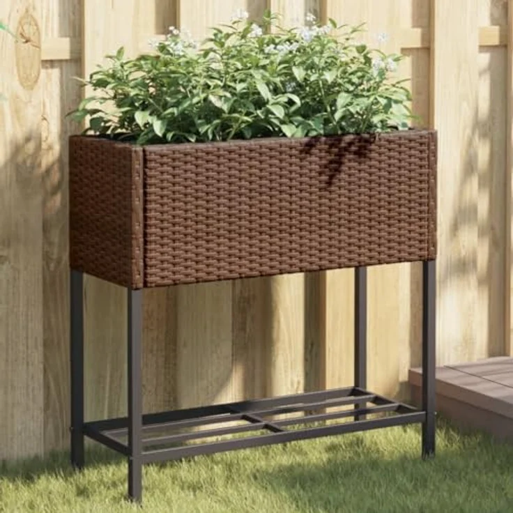 vidaXL Pflanzkübel mit Ablage Braun Poly Rattan, langlebiges PE-Rattan, stabiles Stahlgestell, praktische Ablage – Bild 2