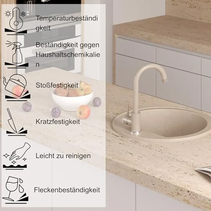 QUADRON CUBA 210 Rund Spülbecken, 1-Becken Granitspüle, Größe: 51 x 51 x 18 cm, Ø 43, beige mit Siphon – Bild 5