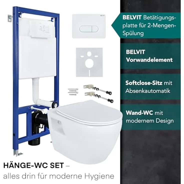 Aloni Tiefspül-WC AL5509Komplett, wandhängend, Abgang waagerecht, Aloni Wand / Hänge WC Toilette Softclose-Deckel Vorwandelement, Sanitärkeramik, Soft-Close-Funktion, weiß – Bild 8