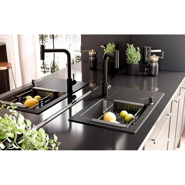 QUADRON Granitspüle EDWARD GraniteQ, Einbeckenspüle 78x44 cm mit Stahlkammer, Abtropffläche und Siphon, Weiß – Bild 12