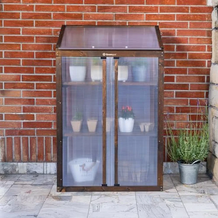 Greenspot Mini-Gewächshaus für Balkon und Terrasse, 80 x 42 x 120 cm, stabil mit 3 Regalen, Dark Rosewood – Bild 7