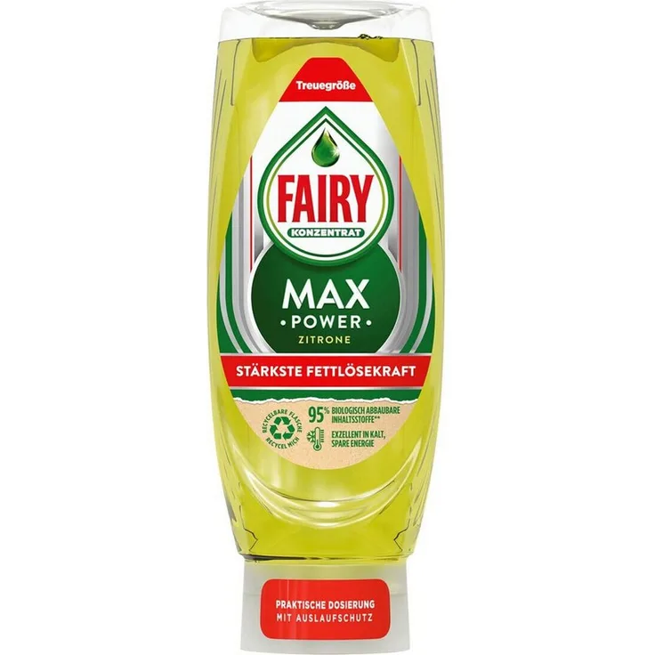 Fairy Max Power Zitrone Geschirrspülmittel, Konzentrat 545 ml mit auslaufsicherer Flasche, 95% biologisch abbaubare Inhaltsstoffe