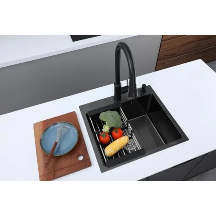Faizee Home Future Serie Edelstahlspüle Schwarz 30/40/50x45x22 cm, Einbauspüle aus SUS304 mit Spülkorb, Seifenspender, Siphon & optionaler Armatur – Bild 2