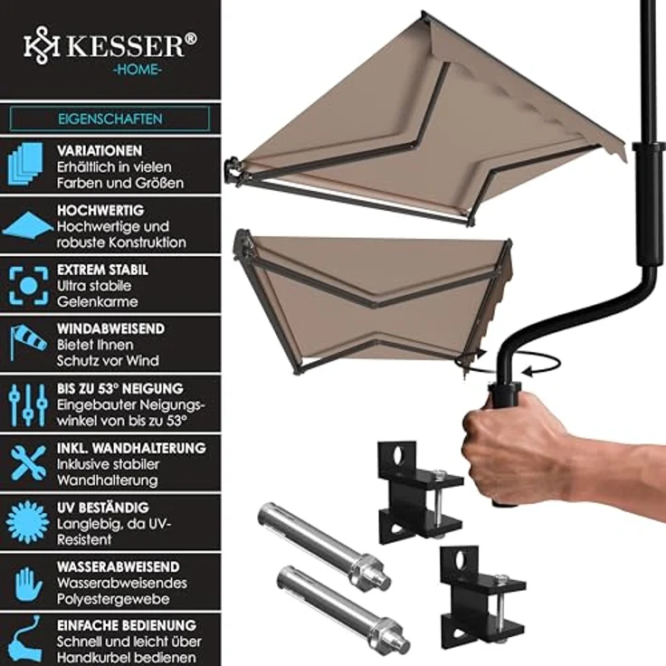 KESSER® Gelenkarmmarkise 250 x 200 cm, wasserabweisende Terrassenmarkise aus Alu/Polyester in Taupe mit Wandhalterung – Bild 2