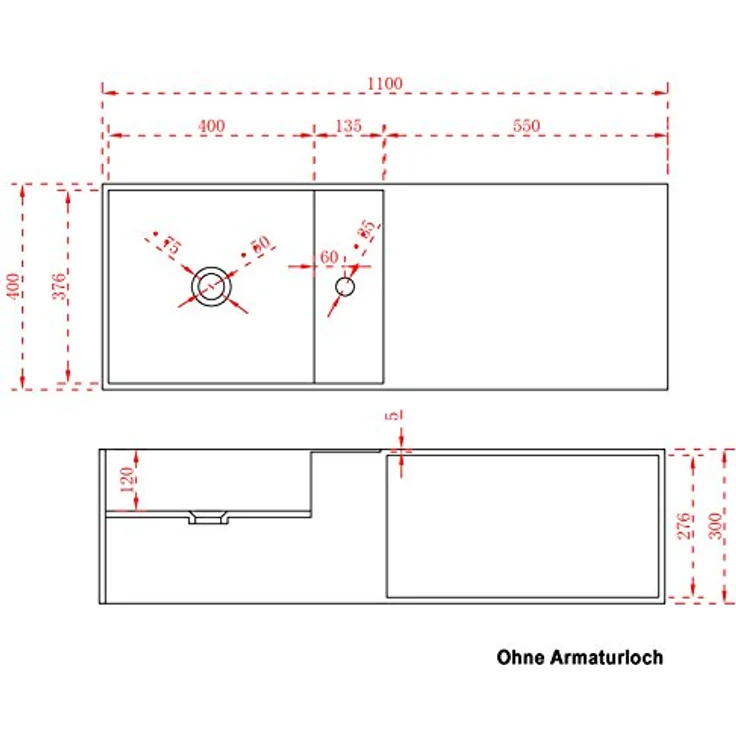 Bernstein Badshop Wandwaschbecken Aufsatzwaschbecken TWG36 aus Mineralguss Solid Stone mit Ablagefach - 110x40x30cm, Weiß Matt – Bild 2