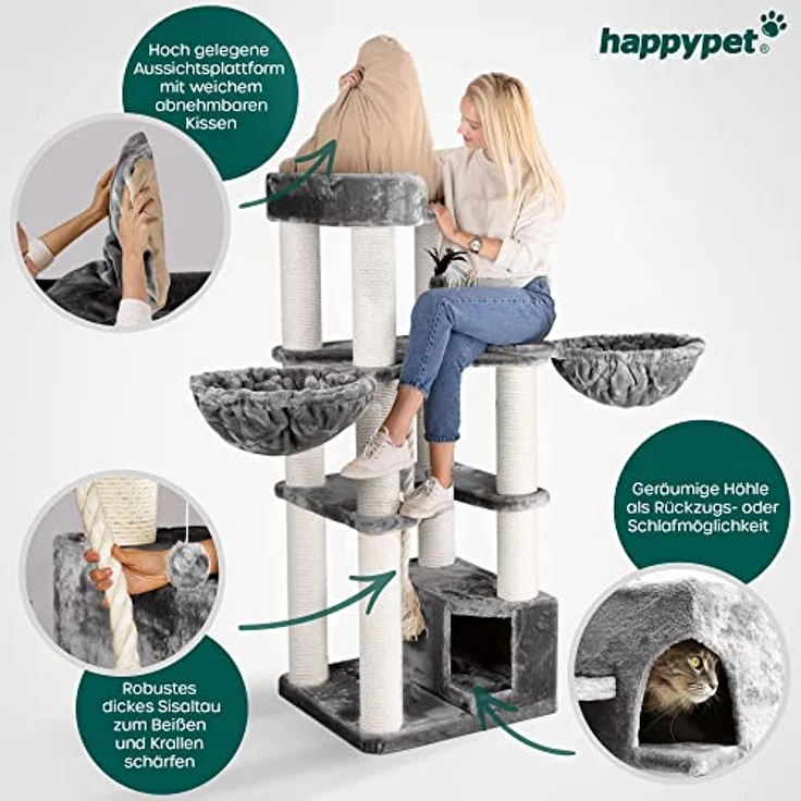 HAPPYPET Kratzbaum für große Katzen 'Oscar' - Premium Katzenbaum stabil 47 kg, 12 cm Dicke Stämme für schwere Katzen Maine Coon, 600g Plüsch, 2 Liegemulden und Höhle, E1 geprüftes Holz – Bild 3
