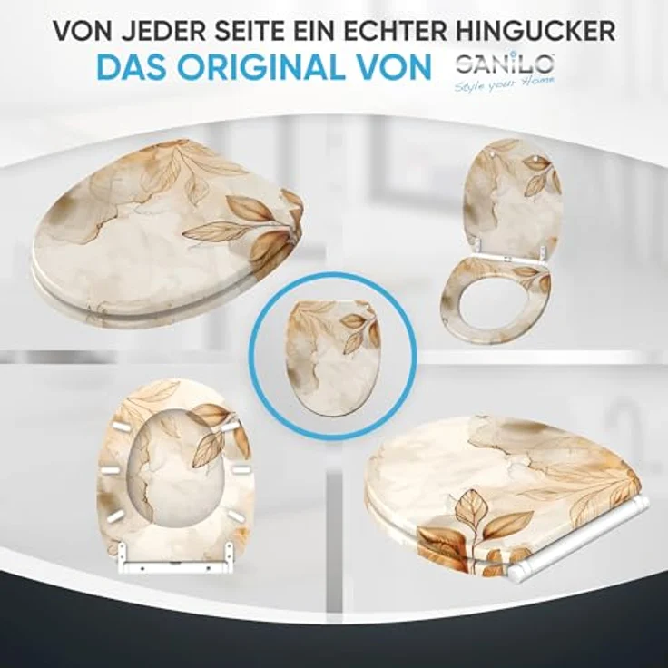Sanilo WC Sitz Faylora, Toilettensitz mit Absenkautomatik und antibakterieller Beschichtung, bruchfestes Holz, 46-48 cm, 4-seitig bedruckt – Bild 7