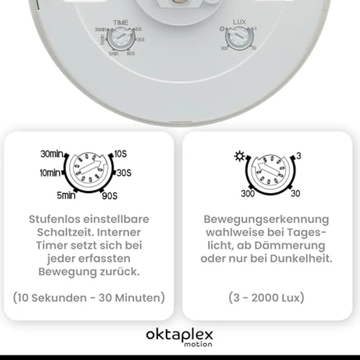 Oktaplex motion Oktaplex Pia Präsenzmelder Aussen & Innenbereich 360° Infrarot Bewegungsmelder IP65 230V Aufputz Präsenzschalter weiß – Bild 4