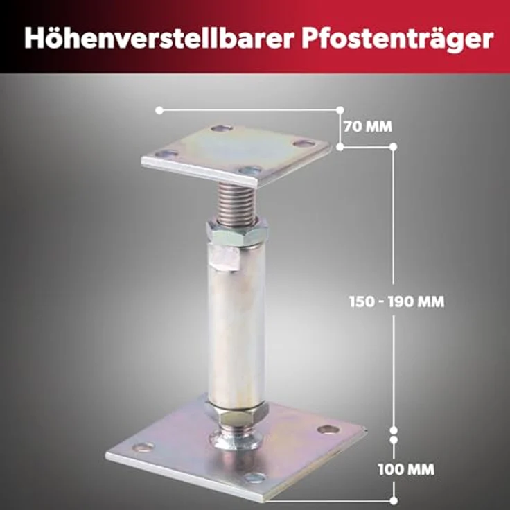 siwitec höhenverstellbarer I-Pfostenträger, 30-150 mm, 70 x 70 mm, für Holzkonstruktionen im Außenbereich, zum Aufschrauben, 1-St – Bild 2