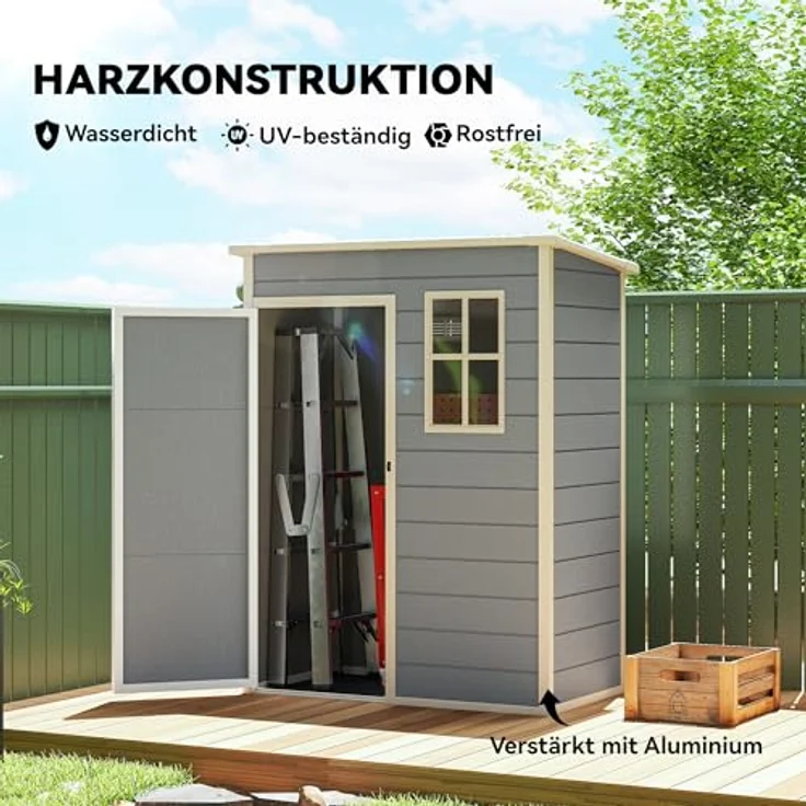 Outsunny Gerätehaus Kunststoff 1,14m², Pultdach mit abschließbarer Tür, wetterfest, grau, 151 x 92 x 193 cm – Bild 5