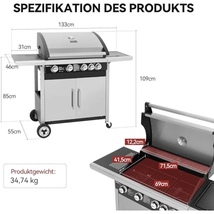 Royal Gourmet 4+1 Brenner Gasgrill Grillwagen mit Unterschrank, Edelstahlbrenner mit 14,5 kW und automatischer Zündung Campinggrill mit Seitenbrenner Silber - Vielseitiger Grill mit großem Kochraum und effizienter Wärmeübertragung – Bild 3