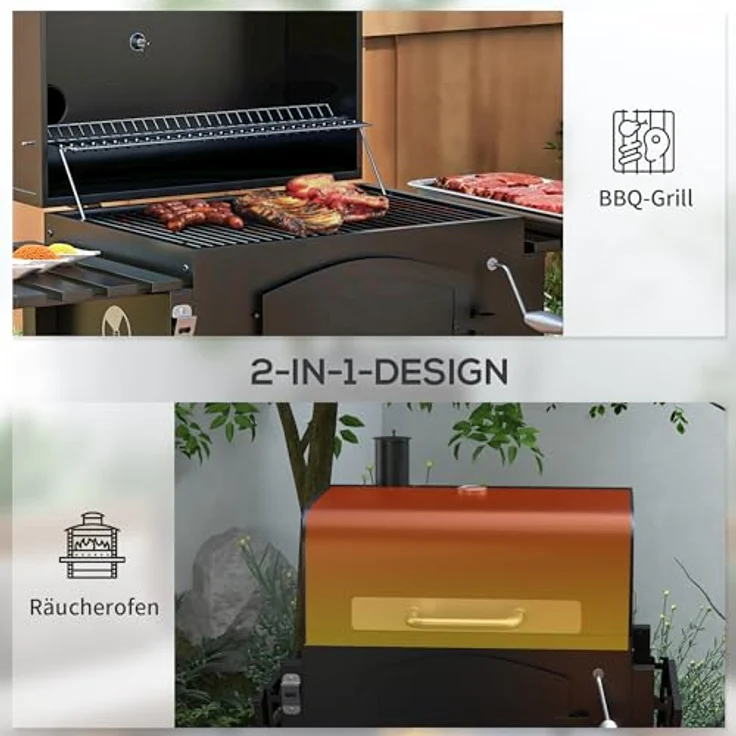 Outsunny Holzkohlegrill BBQ Gartengrill mit Deckel und Ablagen Campinggrill mit Smoker Warmhalteplatte Regale Gartenparty Transportrollen Metall Schwarz 124 x 66 x 112 cm – Bild 3