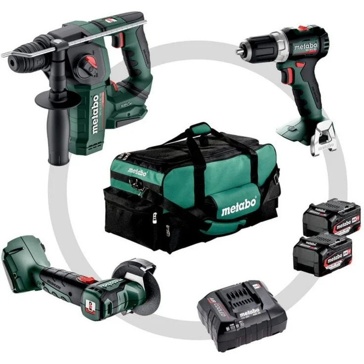 Metabo Combo Set 3.1.1, Akku-Bohrschrauber, Winkelschleifer, Bohrhammer, Ladegerät, 18 V mit 4,0 Ah Akku