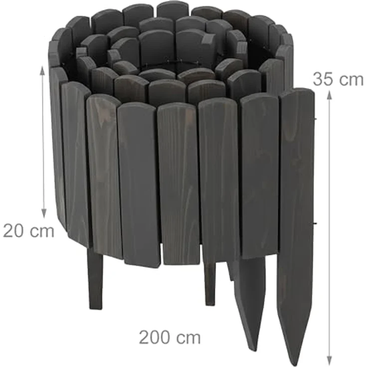 Relaxdays Beeteinfassung, 200 cm flexibel, 20 cm Sichthöhe, Holz Beetzaun in anthrazit – Bild 4