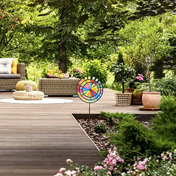 Relaxdays 4 x Windrad Gartenstecker, Regenbogen Design, für Balkon oder Terrasse, 73,5 x 35,5 x 15 cm, bunt – Bild 2