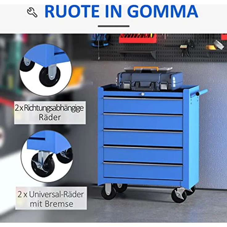 Homcom® Fahrbarer Werkstattwagen Werkzeugwagen Rollwagen Werkzeugkasten mit 5 Schubladen blau – Bild 5